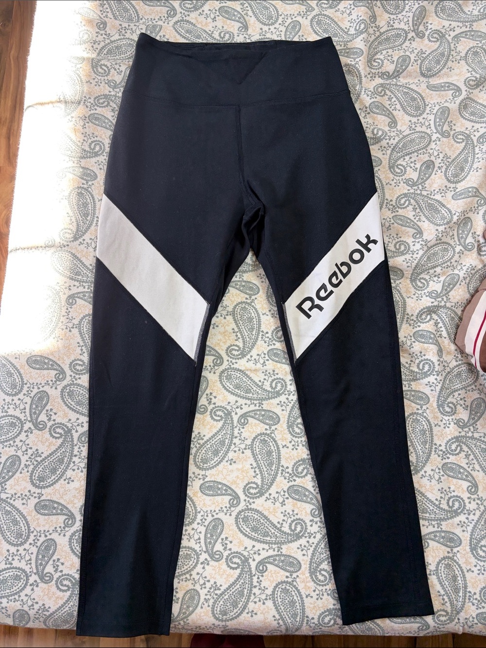 Reebok Black Leggings with White Diagonal Panels and Logo